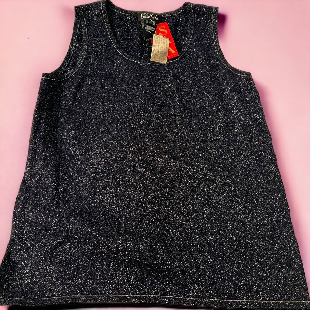 Vintage Escada Couture Margaretha Ley Wool Blend Tank Top Navy Silver Sz 44 NWT
